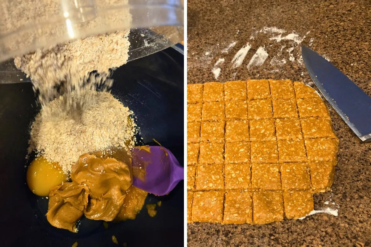 Oatmeal homemade dog treats, dough being prepared and cut into squares.