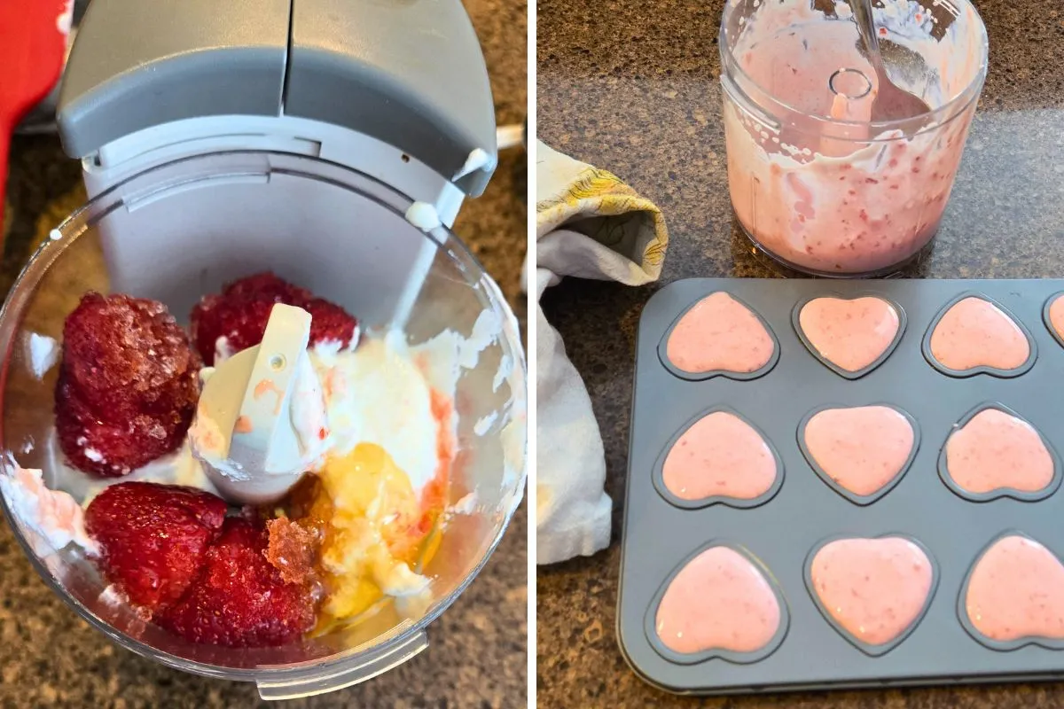Strawberry yogurt mixture in a food processor and poured into heart-shaped molds.