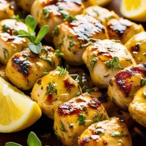 Greek chicken marinade kabobs on a wooden platter decorated with lemon wedges and fresh herbs.
