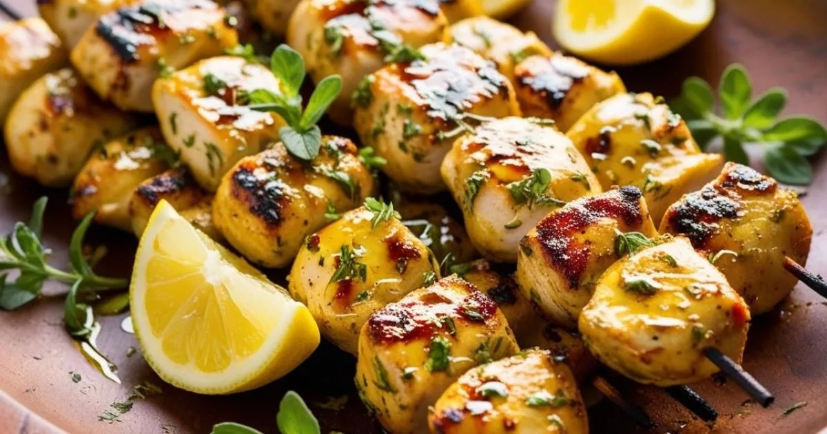 Greek chicken marinade kabobs on a wooden platter decorated with lemon wedges and fresh herbs for simple weeknight meals.