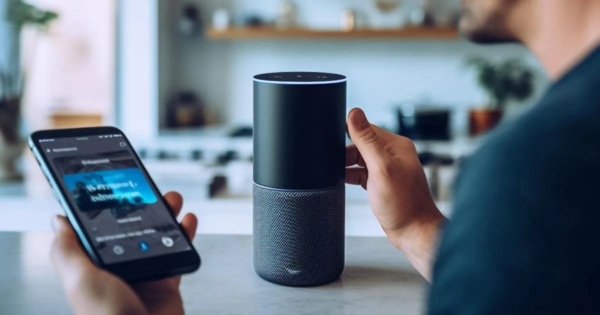 Person using a smartphone and a smart speaker, likely controlling music or other smart home devices, representative of the best Alexa commands.