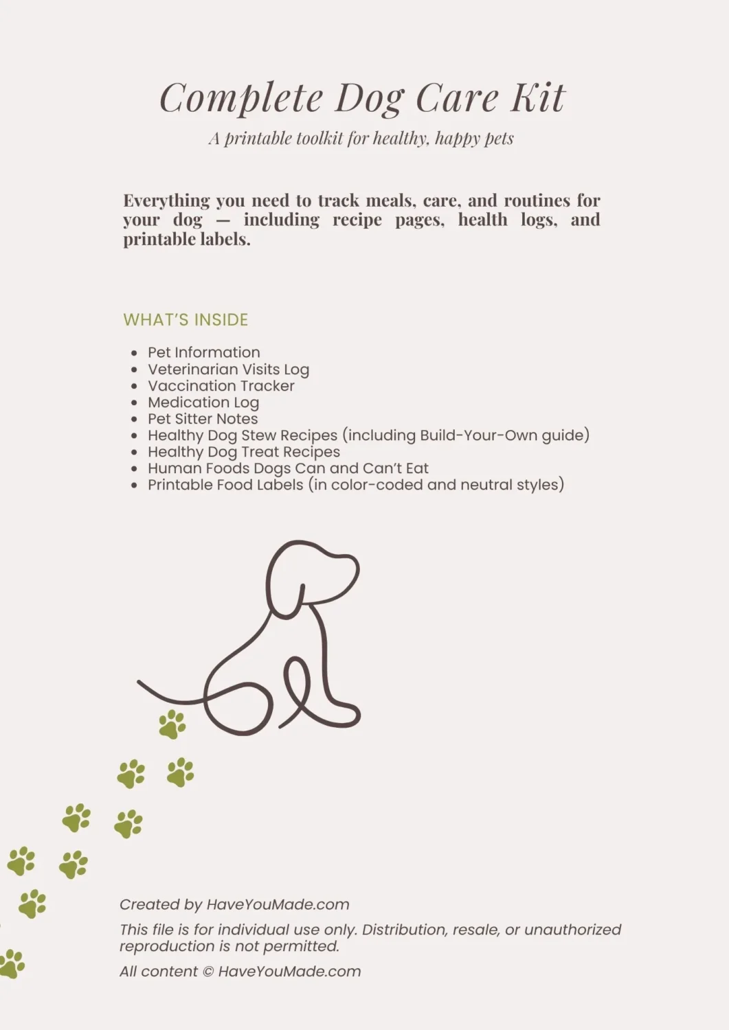 Cover page of the Complete Dog Care Kit printable showing a minimalist line drawing of a dog with green paw prints and a list of included pages such as pet information, vaccination log, recipes, and printable food labels.