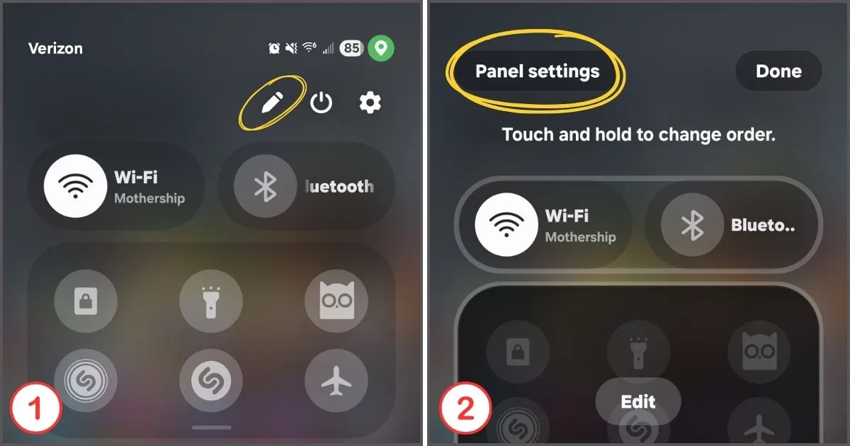 Steps 1–2: Tap the pencil icon and go to Panel Settings in Samsung One UI 7.