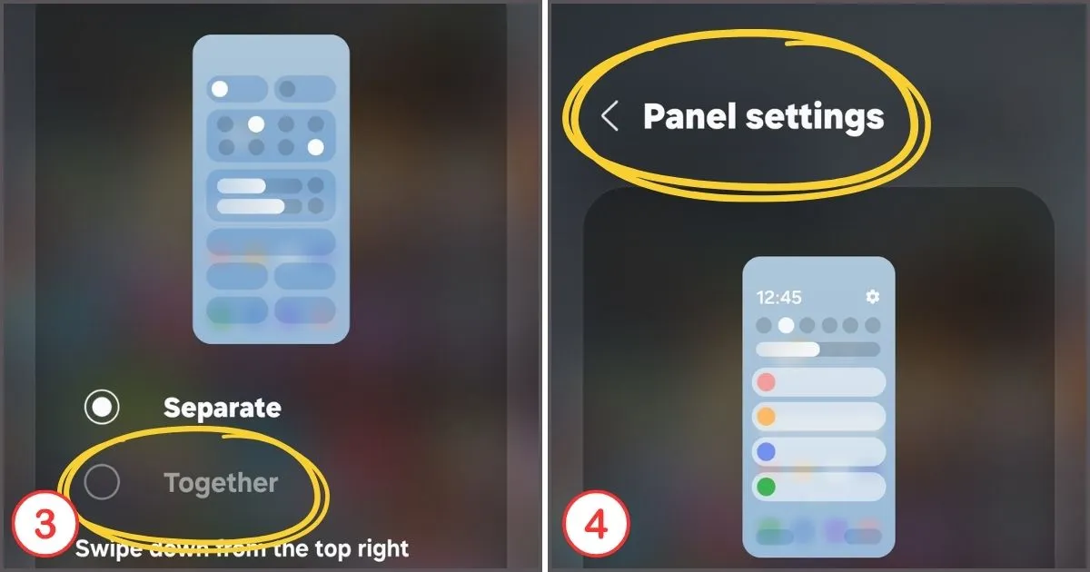 Steps 3–4: Select “Together” and return to Panel Settings to save changes.